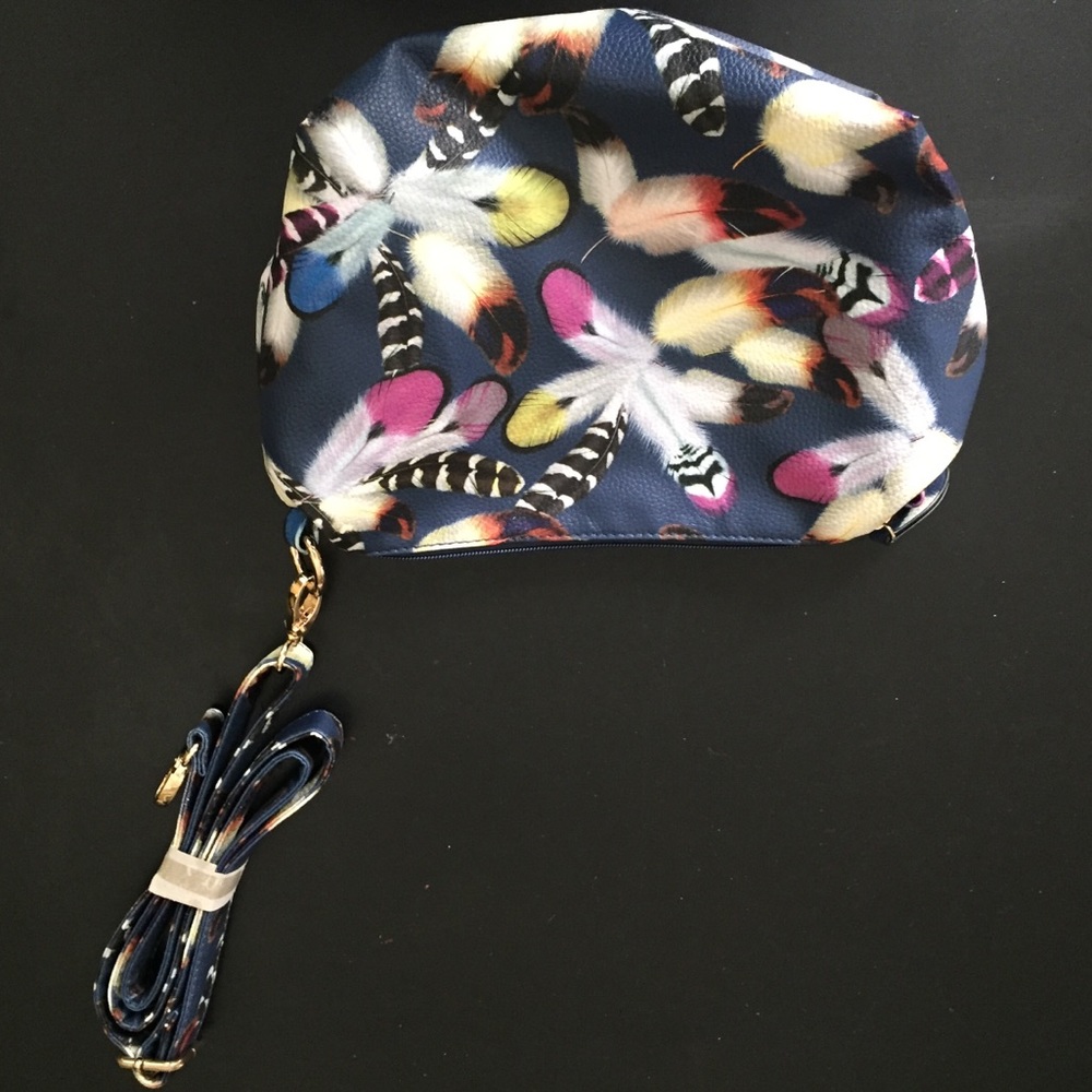 Navy Blue Feather-Printed Shoulder Bag